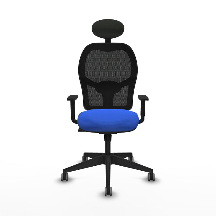 Silla de oficina Alocén con mecanismo Sincro tapizada con Tela color Azul y malla color Negro. Equipada con lumbar 1D, Brazos 1D, Cabecero Fijo y Ruedas 65 mm parqué