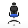 Silla de oficina Alocén con mecanismo Sincro tapizada con Tela color Azul y malla color Negro. Equipada con lumbar 1D, Brazos 1D, Cabecero Fijo y Ruedas 65 mm parqué