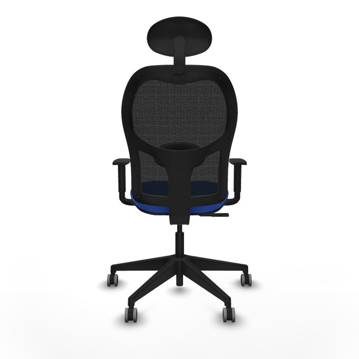 Silla de oficina Alocén con mecanismo Sincro tapizada con Tela color Azul y malla color Negro. Equipada con lumbar 1D, Brazos 1D, Cabecero Fijo y Ruedas 65 mm parqué