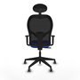 Silla de oficina Alocén con mecanismo Sincro tapizada con Tela color Azul y malla color Negro. Equipada con lumbar 1D, Brazos 1D, Cabecero Fijo y Ruedas 65 mm parqué