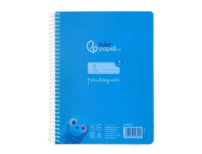 Liderpapel Cuaderno espiral A5 Pautaguía Tapa Plástico 80 Hojas 90gr Cuadro Pautado 4mm con Margen Color Azul