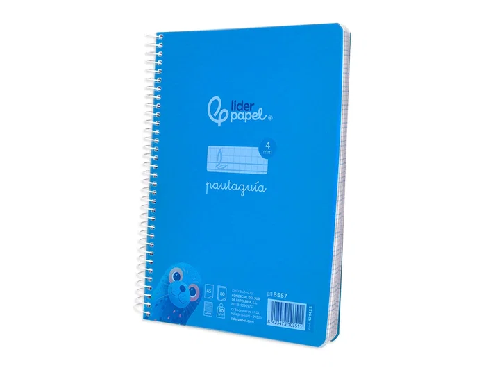 Liderpapel Cuaderno espiral A5 Pautaguía Tapa Plástico 80 Hojas 90gr Cuadro Pautado 4mm con Margen Color Azul