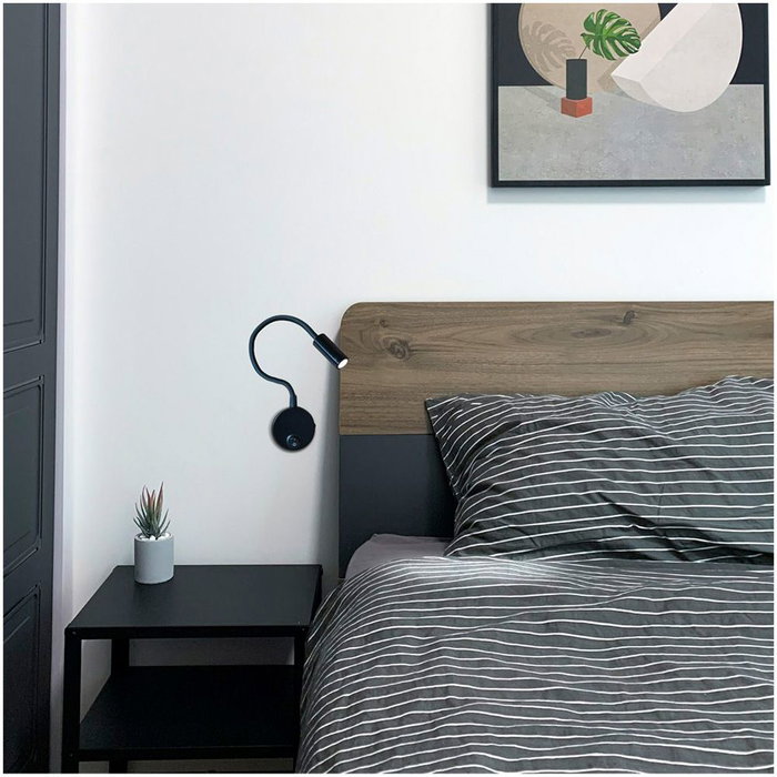 Cristalrecord Clasic Aplique LED de Pared 3W, Luz Blanca Fría 4000K 450lm, Flexible y Focalizado para Cabecero Cama o Lectura, Color Negro, 35 x 6.3 cm