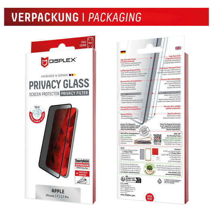 Displex Privacy Panzerglas Protector de Pantalla de Privacidad con Filtro para Apple iPhone 17/17 Pro, Resistente a Golpes y Rayones, 10H, 0.3mm, Ref 02162