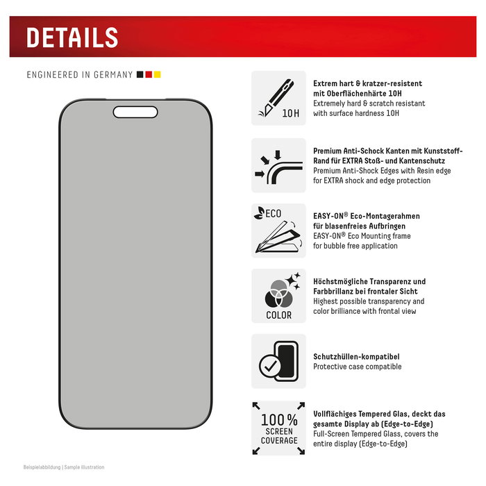 Displex Privacy Panzerglas Protector de Pantalla de Privacidad con Filtro para Apple iPhone 17/17 Pro, Resistente a Golpes y Rayones, 10H, 0.3mm, Ref 02162