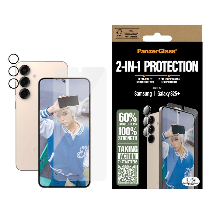 PanzerGlass Protector de Pantalla de Vidrio Templado 2 en 1 para Samsung Galaxy S25+ - Aplicación en Seco, Resistente a Rayones y Golpes, 1 Unidad