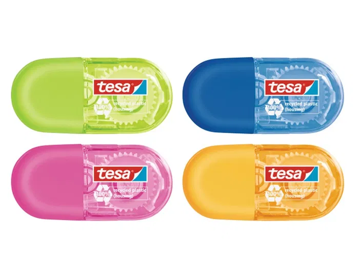 Tesa Corrector de Cinta Blanca Mini 5 mm x 6 m, Carcasa de Plástico 100% Reciclado, Diseño Ergonómico, Colores Surtidos