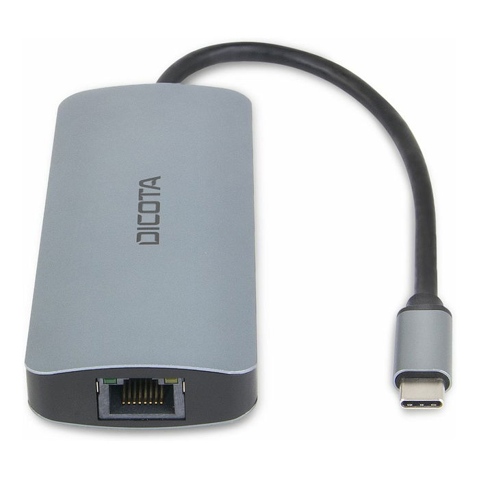DICOTA D32062 Hub USB-C 8 en 1 con HDMI, RJ-45, USB-A, Lector Tarjetas SD/MicroSD, Plata, Carga PD 100W