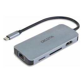 DICOTA D32062 Hub USB-C 8 en 1 con HDMI, RJ-45, USB-A, Lector Tarjetas SD/MicroSD, Plata, Carga PD 100W
