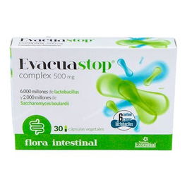 NATURE ESSENTIAL Evacuastop 500Mg. 30Cap. Ayuda a Repoblar la Flora Intestinal con 6 Cepas de Lactobacilos y Saccharomyces Boulardii