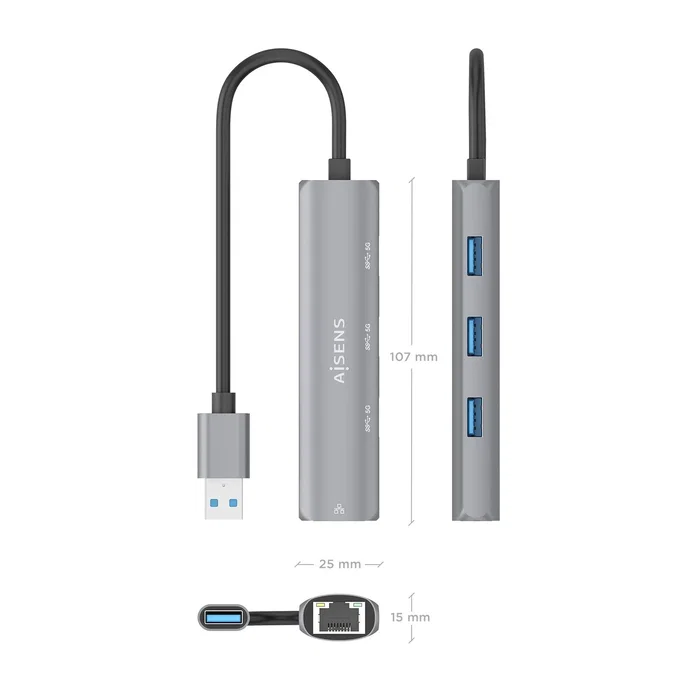 Aisens USB 3.0 Dock 4 en 1 con Ethernet Gigabit y 3x USB-A, Gris