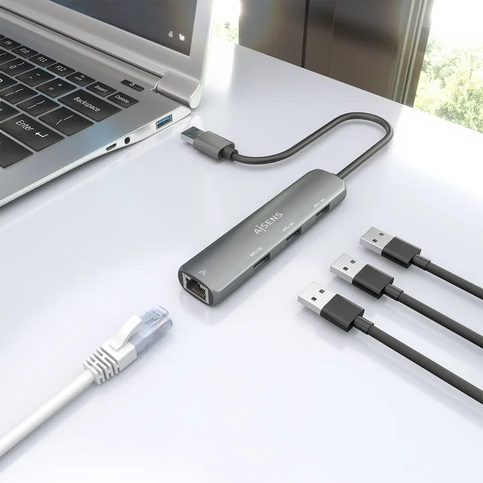 Aisens USB 3.0 Dock 4 en 1 con Ethernet Gigabit y 3x USB-A, Gris