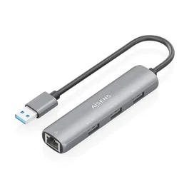 AISENS USB 3.0 Dock USB-A a Ethernet Gigabit + Hub 3xUSB-A, Gris, 15cm