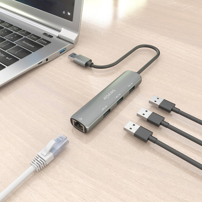 Aisens USB-A Docking Station con Ethernet Gigabit y 3 puertos USB-A, Gris