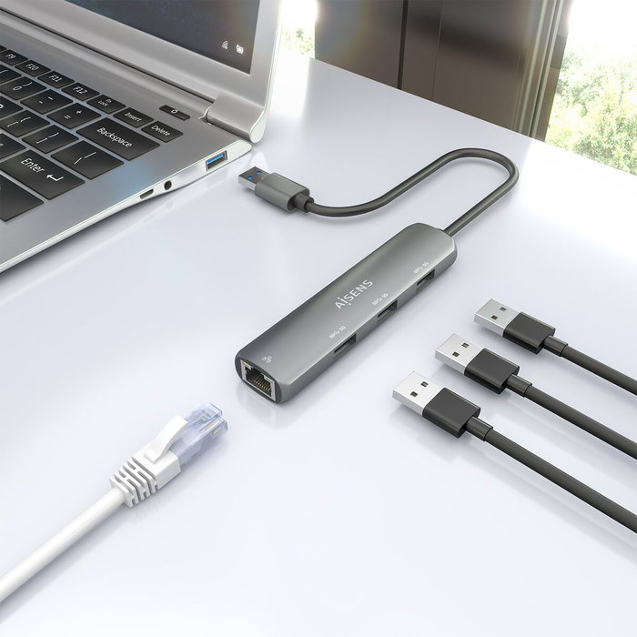 Aisens USB-A Docking Station con Ethernet Gigabit y 3 puertos USB-A, Gris