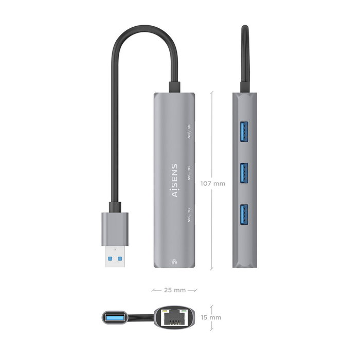 Aisens USB-A Docking Station con Ethernet Gigabit y 3 puertos USB-A, Gris