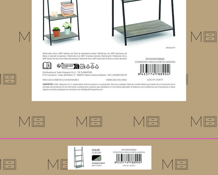 Moblekit Estanteria 4 Niveles Metal-Madera 60x34.5x150 cm (3 Unidades)