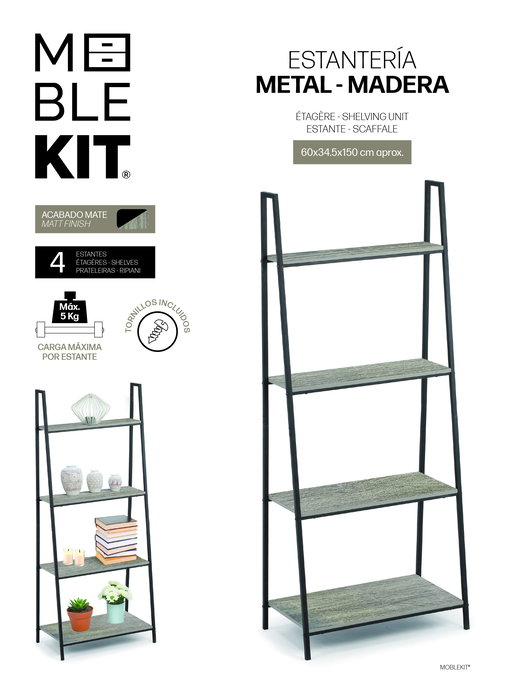 Moblekit Estanteria 4 Niveles Metal-Madera 60x34.5x150 cm (3 Unidades)