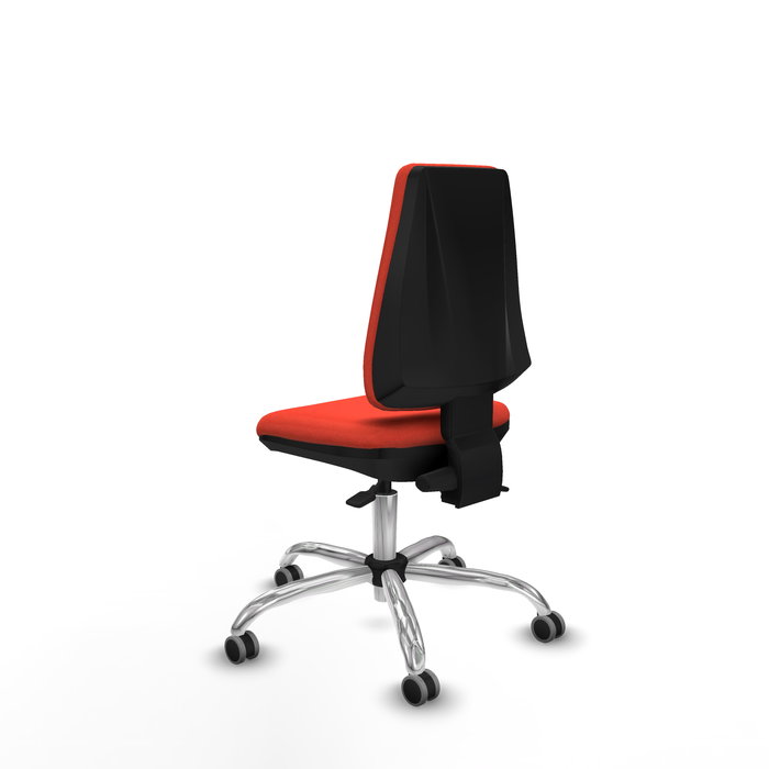 Silla de oficina Elche con mecanismo Asincro tapizada con Tela color Naranja oscuro. Equipada con Base cromada, Sin brazos y Ruedas 65 mm parqué