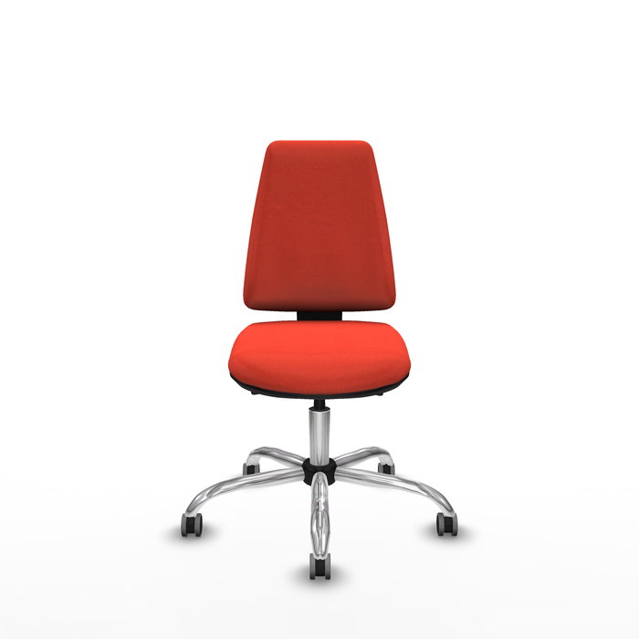 Silla de oficina Elche con mecanismo Asincro tapizada con Tela color Naranja oscuro. Equipada con Base cromada, Sin brazos y Ruedas 65 mm parqué