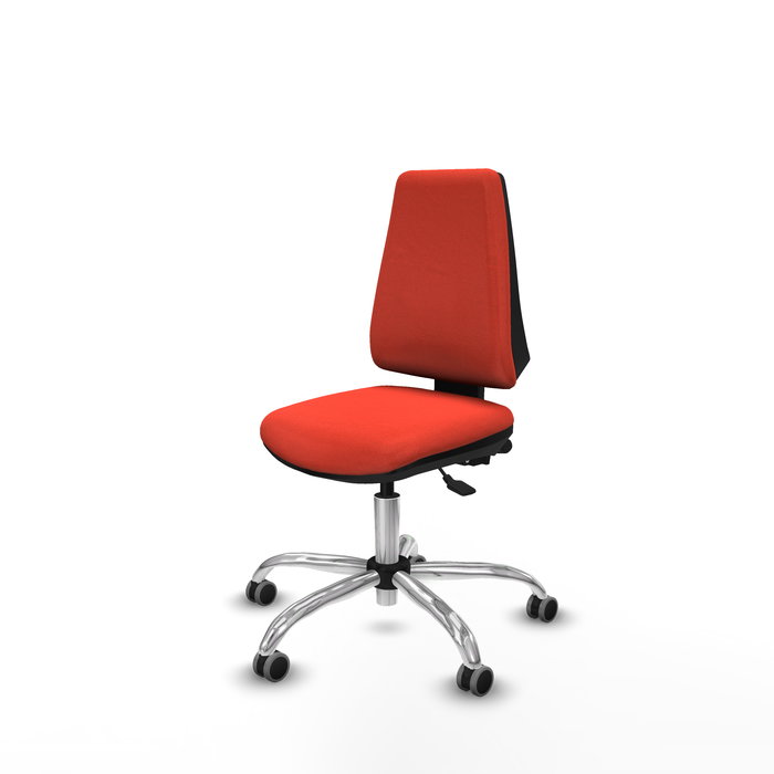 Silla de oficina Elche con mecanismo Asincro tapizada con Tela color Naranja oscuro. Equipada con Base cromada, Sin brazos y Ruedas 65 mm parqué