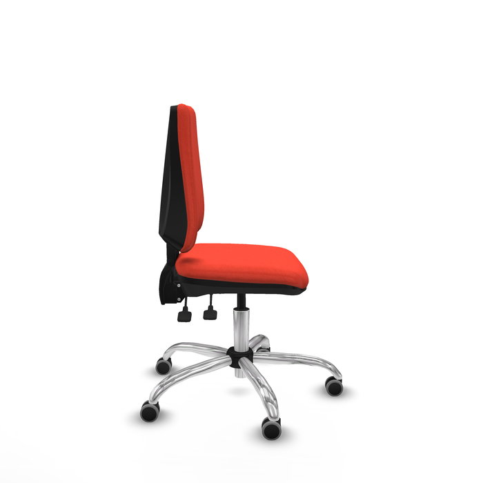Silla de oficina Elche con mecanismo Asincro tapizada con Tela color Naranja oscuro. Equipada con Base cromada, Sin brazos y Ruedas 65 mm parqué