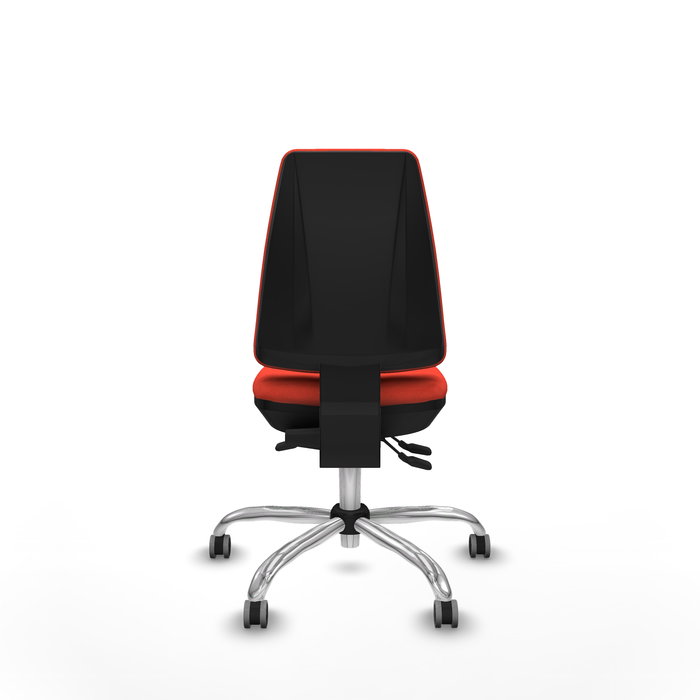 Silla de oficina Elche con mecanismo Asincro tapizada con Tela color Naranja oscuro. Equipada con Base cromada, Sin brazos y Ruedas 65 mm parqué