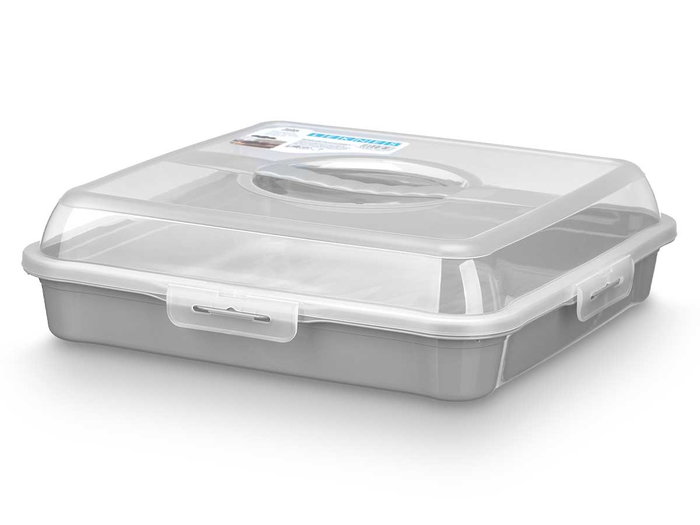 Leknes Portatarta Cuadrado con Asa Gris y Transparente 35x35x10.5 cm de Plástico PP (Set de 12)