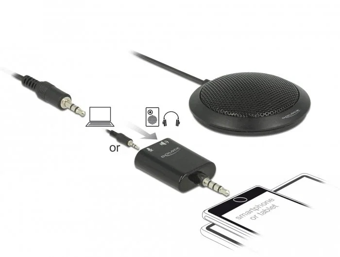 Delock 65873 Micrófono de Superficie para Mesa Negro Omnidireccional, para Conferencias, Conexión 3.5 mm y Adaptador Y para PC, Laptop, Tablet o Smartphone