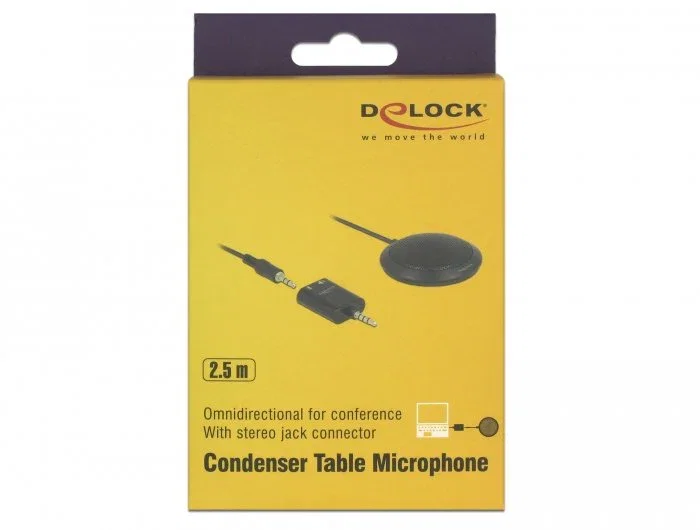 Delock 65873 Micrófono de Superficie para Mesa Negro Omnidireccional, para Conferencias, Conexión 3.5 mm y Adaptador Y para PC, Laptop, Tablet o Smartphone