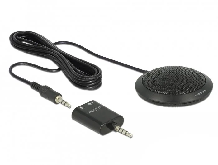 Delock 65873 Micrófono de Superficie para Mesa Negro Omnidireccional, para Conferencias, Conexión 3.5 mm y Adaptador Y para PC, Laptop, Tablet o Smartphone