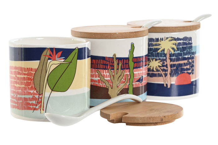 DKD Home Decor Azucarero Tropical Azul Verde Dolomita Bambú 7.5 x 7.5 x 7.5 cm (3 Unidades)