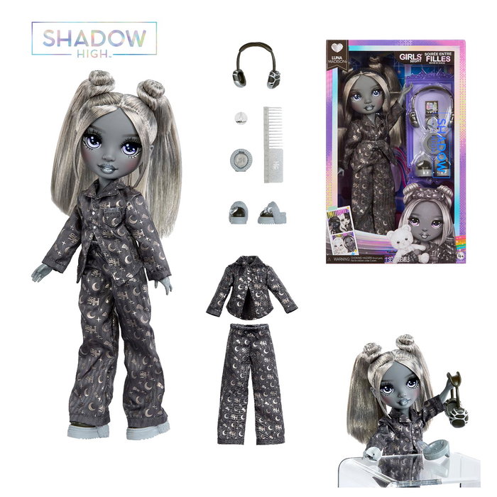 MGA Shadow High Muñeca Luna 597889 - Muñeca con Auriculares, Reproductor CD y Peine, Pestañas Verdad, Moda Gris y Negro, para +4 Años