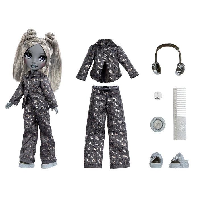 MGA Shadow High Muñeca Luna 597889 - Muñeca con Auriculares, Reproductor CD y Peine, Pestañas Verdad, Moda Gris y Negro, para +4 Años