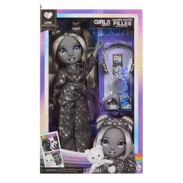 MGA Shadow High Muñeca Luna 597889 - Muñeca con Auriculares, Reproductor CD y Peine, Pestañas Verdad, Moda Gris y Negro, para +4 Años
