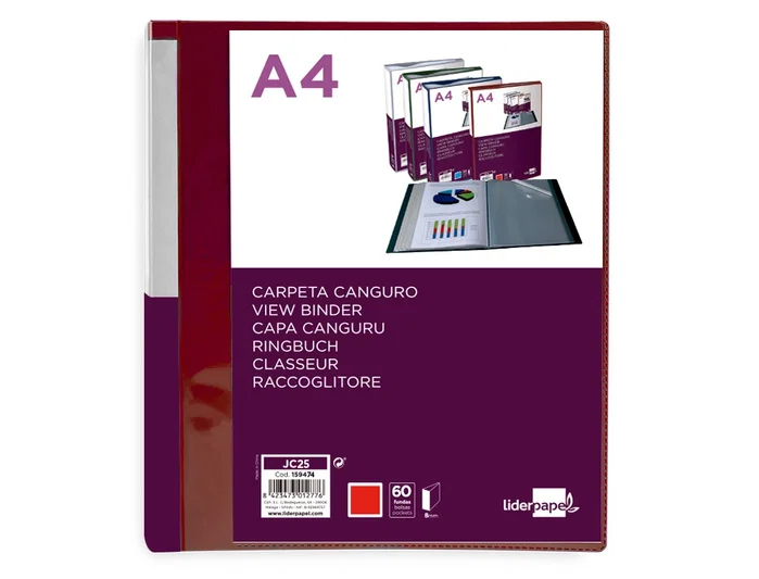 Liderpapel Carpeta de 60 fundas canguro rojo translúcido DIN A4 Liderpapel Carpeta de 60 fundas canguro rojo translúcido DIN A4
