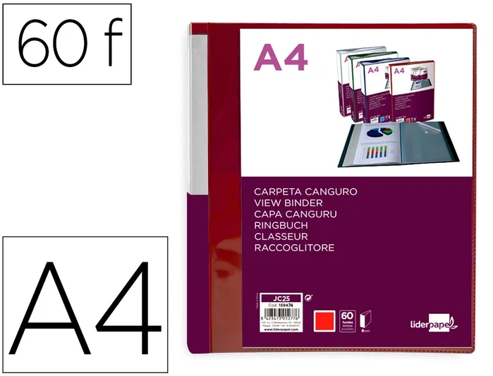 Liderpapel Carpeta de 60 fundas canguro rojo translúcido DIN A4 Liderpapel Carpeta de 60 fundas canguro rojo translúcido DIN A4