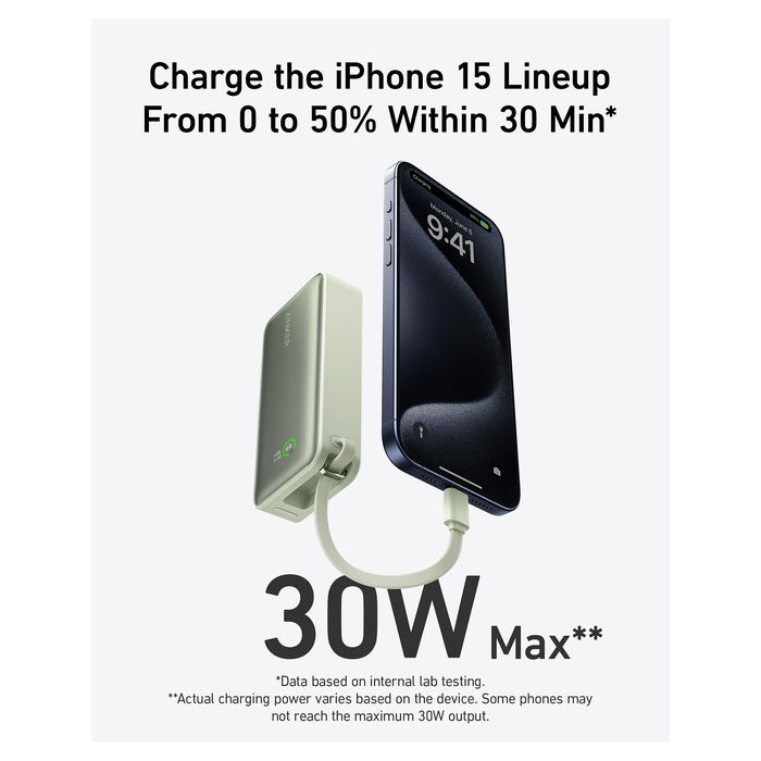 Anker 545 PowerBank Nano 10.000mAh, 30W PD, Cable USB-C Integrado, Carga Rápida, Verde (A1259G61)