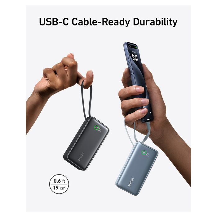 Anker 545 PowerBank Nano 10.000mAh, 30W PD, Cable USB-C Integrado, Carga Rápida, Verde (A1259G61)