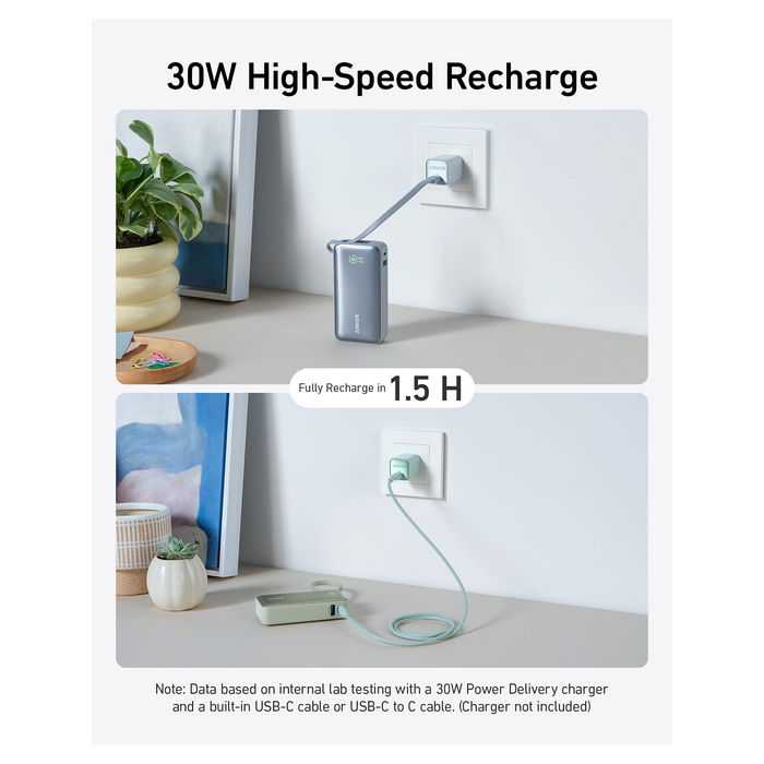 Anker 545 PowerBank Nano 10.000mAh, 30W PD, Cable USB-C Integrado, Carga Rápida, Verde (A1259G61)