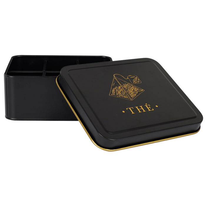 Cook Concept Caja de Té "Thé" Lounge con 6 Compartimentos Metal Negra Mate Ilustraciones Doradas 18x15.5x7 cm