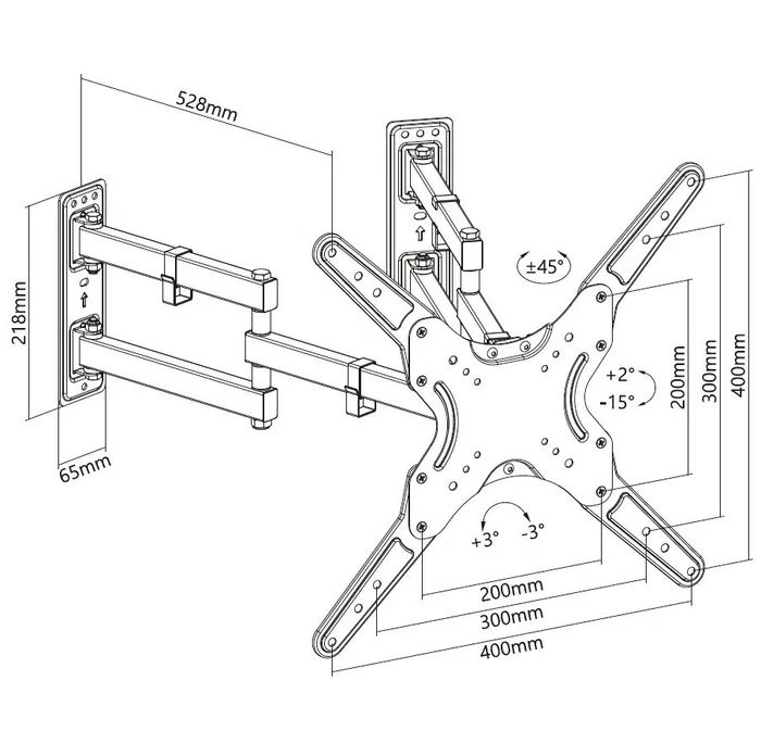 Equip 650328 Soporte de Pared para TV de Esquina, para Pantallas de 23"-55" (58-139 cm), VESA 200x100 a 400x400, Hasta 45 kg, Inclinación Ajustable, Color Negro
