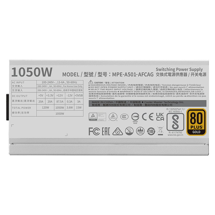 Cooler Master MWE Gold 1050 V2 White, Fuente de alimentación ATX 3.1 1050W 80 PLUS Gold certificada, color blanco, cableado totalmente modular, 14 cm FDB Fan