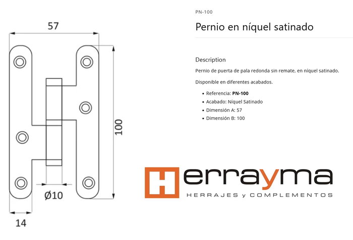 Manilla de pernio níquel satinado de 100 mm canto redondo izquierda PN-100 I Manilla de pernio níquel satinado de 100 mm canto redondo izquierda PN-100 I
