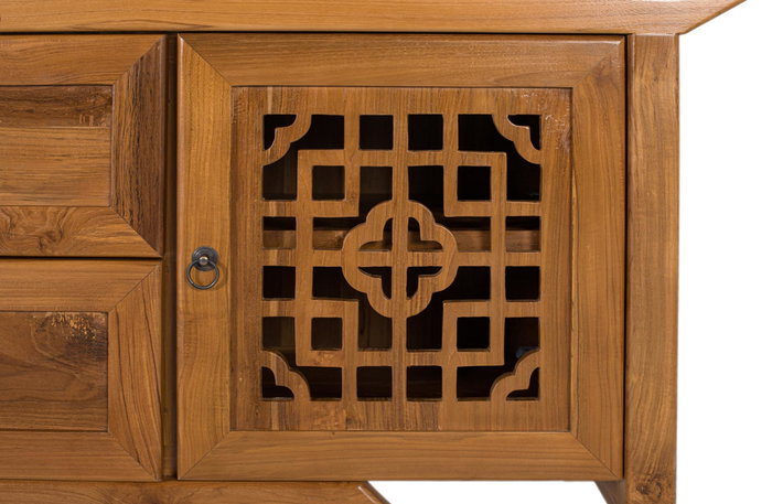 GINER Y COLOMER Mueble TV de Madera de Teca Maciza con 2 Puertas y 2 Cajones, 180 cm x 38 cm x 60 cm, Color Miel Claro