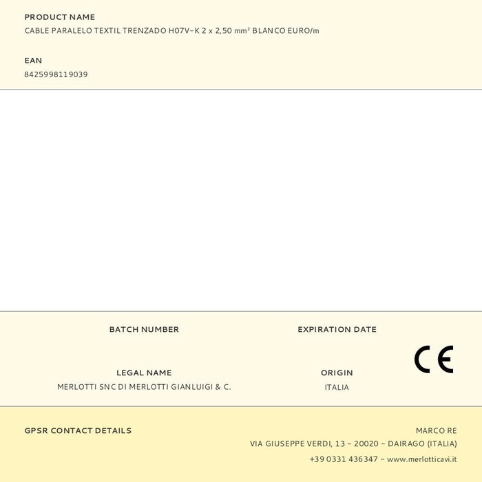 Edm Cable paralelo textil trenzado H07V-K 2 x 2,50 mm² blanco 100 m Edm Cable paralelo textil trenzado H07V-K 2 x 2,50 mm² blanco 100 m