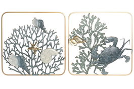 DKD Home Decor Decoración Pared Mediterráneo Azul Dorado Metal 3 x 50 x 50 cm (4 Unidades)