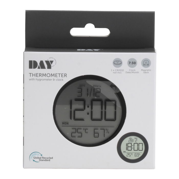 Day Termómetro e Higrómetro con Fecha y Reloj, Mide Temperatura y Humedad Ambiental, Pantalla LCD, Color Blanco