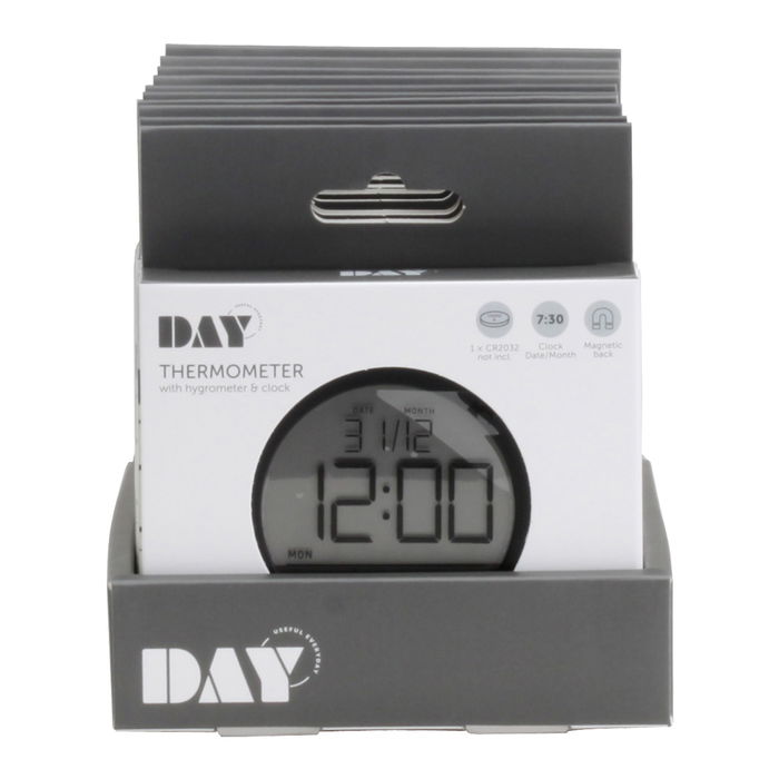 Day Termómetro e Higrómetro con Fecha y Reloj, Mide Temperatura y Humedad Ambiental, Pantalla LCD, Color Blanco