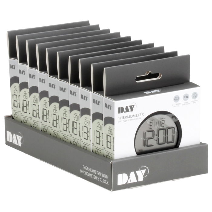 Day Termómetro e Higrómetro con Fecha y Reloj, Mide Temperatura y Humedad Ambiental, Pantalla LCD, Color Blanco